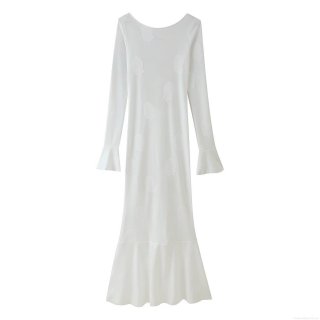 Women Sexy Hollow Out Backless Maxi Dress Bell Sleeve Fish Tail Hem Polyester Shell Textured Evening Party Dress Summer Street Style Long Dress For Women