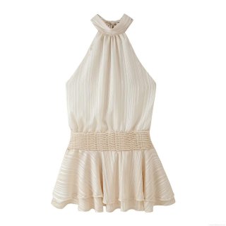 Women Halter Neck Mini Dress Polyester Metallic Stripe Pleated Ruffle Sleeveless Off-Shoulder Backless Sundress For Party Summer Clubwear Streetwear