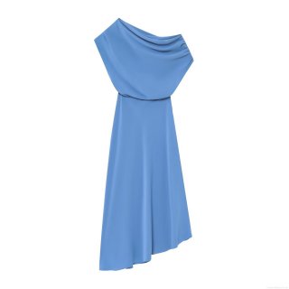 Women One Shoulder Draped Maxi Dress Elegant Asymmetric Hem Sleeveless Solid Color Polyester Dress For Evening Party Street Style