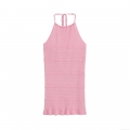 Women Backless Halter Neck Knitted Mini Dress Sexy Solid Peach Pink Waffle Texture Bodycon Ruffle Hem Sleeveless Vacation Party Summer Streetwear Outfits