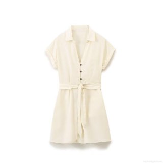 Women's Summer Short Sleeve Button Down Shirt Dress With Belt Cotton Linen Blend Casual Boho Mini Dress For Women Cream