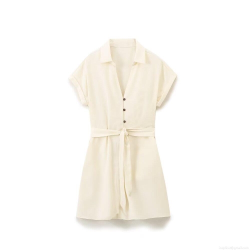 Women's Summer Short Sleeve Button Down Shirt Dress With Belt Cotton Linen Blend Casual Boho Mini Dress For Women Cream