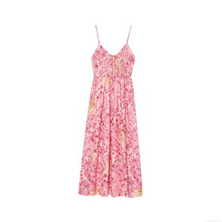 Women Summer Floral Maxi Dress Backless V Neck Pleated Cami Dress Lightweight Polyester Print Long Sundress For Vacation Streetwear