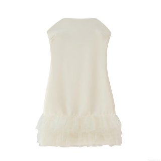 Women's Sexy Slim Fit Tube Top Mini Dress Polyester Mesh Patchwork Sleeveless Party Clubwear Dress European American Style Cream White Short Dress With Invisible Zipper