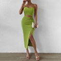 Sexy Grass Green Ribbed Knit Bodycon Midi Dress For Women Cutout Waist High Slit Spaghetti Strap Sleeveless Summer Club Party Wear Slim Fit Dress