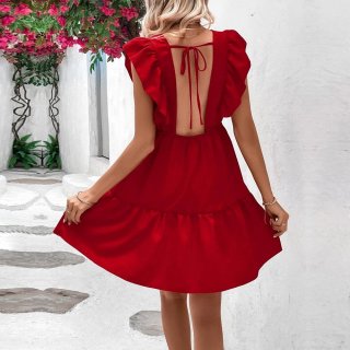 Women's Sexy V-Neck Backless Mini Dress Summer Ruffle Sleeveless Tiered Solid Red Polyester A-Line Vacation Party Dress