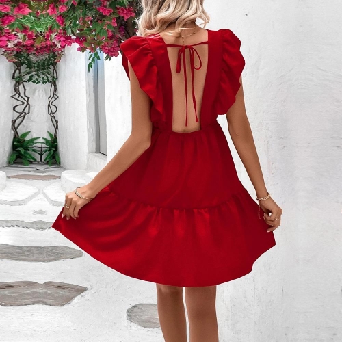 Women's Sexy V-Neck Backless Mini Dress Summer Ruffle Sleeveless Tiered Solid Red Polyester A-Line Vacation Party Dress