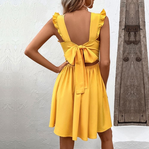 Summer V-Neck Backless Mini Dress With Large Bow Ruffle Strap A-Line Swing Sleeveless Solid Yellow Polyester Spandex Beach Vacation Dress For Women