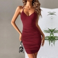 Women's Sexy Ruched Cami Mini Dress Viscose Elastane V-Neck Bodycon Party Dress Wine Red Y2K Summer Slim Wrap Skirt