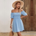 Women's Light Blue 100% Cotton Off-Shoulder Smocked Waist Puff Sleeve Mini Dress Summer Vacation Cottagecore A-Line Dress