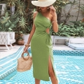Women's One Shoulder Cut Out Slit A-Line Dress 100% Cotton Solid Color Midi Vacation Beach Sundress for Women Elegant Summer Dress