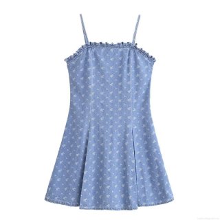 Women's Summer Backless Mini Dress Sexy Ruffle Denim Like Polyester Floral Star Print Camisole Dress For Vacation Party Casual Streetwear