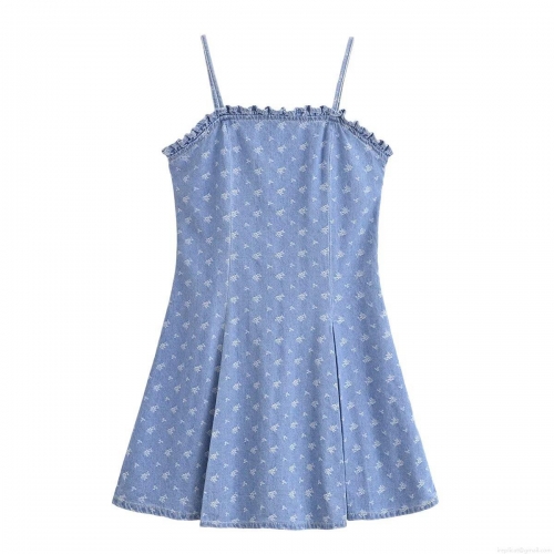 Women's Summer Backless Mini Dress Sexy Ruffle Denim Like Polyester Floral Star Print Camisole Dress For Vacation Party Casual Streetwear