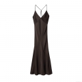Women Sexy Backless Satin Midi Dress Deep V-Neck Cross Strappy Coffee Brown Sleeveless Bodycon Slip Dress For Party Date Night Summer Vacation