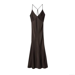 Women Sexy Backless Satin Midi Dress Deep V-Neck Cross Strappy Coffee Brown Sleeveless Bodycon Slip Dress For Party Date Night Summer Vacation