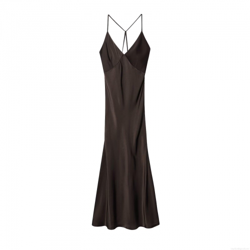 Women Sexy Backless Satin Midi Dress Deep V-Neck Cross Strappy Coffee Brown Sleeveless Bodycon Slip Dress For Party Date Night Summer Vacation