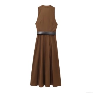 Women European Style V-Neck Sleeveless Button Front Midi Dress With Black Belt Solid Dark Brown Polyester Maxi Dress For Summer Casual Daily Party