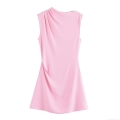 Women's Summer Pink Crepe Sleeveless Mini Dress Fashion Pleated Draped Round Neck Slim Fit Bodycon Party Dress For Women Elegant Streetwear