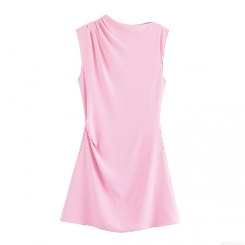 Women's Summer Pink Crepe Sleeveless Mini Dress Fashion Pleated Draped Round Neck Slim Fit Bodycon Party Dress For Women Elegant Streetwear