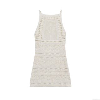 Women Summer Halter Neck Knitted Mini Dress Hollow Out Sleeveless Crochet Bodycon Beach Sundress Solid Color Sexy Backless Streetwear Polyester Knit Dress