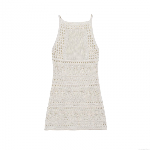 Women Summer Halter Neck Knitted Mini Dress Hollow Out Sleeveless Crochet Bodycon Beach Sundress Solid Color Sexy Backless Streetwear Polyester Knit Dress