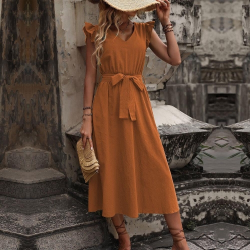 Women's Sexy Backless V-Neck Maxi Dress 100% Cotton Ruffle Sleeves Waist Tie Pastoral Style Summer Vacation Solid Color Sundress