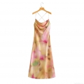 Women's Satin Slip Dress Cowl Neck Backless Crisscross Back Tie-Dye Watercolor Print Sleeveless Midi Dress for Summer Beach Party Vacation Casual