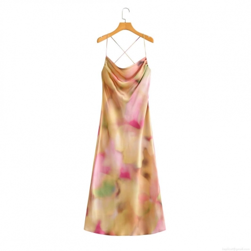 Women's Satin Slip Dress Cowl Neck Backless Crisscross Back Tie-Dye Watercolor Print Sleeveless Midi Dress for Summer Beach Party Vacation Casual