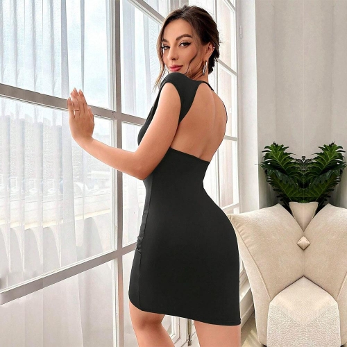 Women Sexy Backless Bodycon Mini Dress Knitted Viscose Elastane Blend Short Sleeve Round Neck Party Clubwear Short Dress Black
