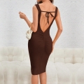 Women Sexy Backless Bodycon Midi Dress Viscose Elastane Sleeveless Ruched Lace-up Party Nightclub Clubwear Slim Fit Elegant Coffee Brown Dress