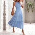 Women's Halter Neck Tiered Maxi Dress 100% Polyester Sleeveless Backless Smocked Waist Elegant Summer Vacation Beach Long Dress