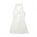 Women's Sexy White Satin Lace Halter Mini Dress Backless Tie-up Neck Sleeveless A-line Nightwear Clubwear Summer Dress