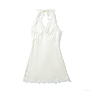 Women's Sexy White Satin Lace Halter Mini Dress Backless Tie-up Neck Sleeveless A-line Nightwear Clubwear Summer Dress