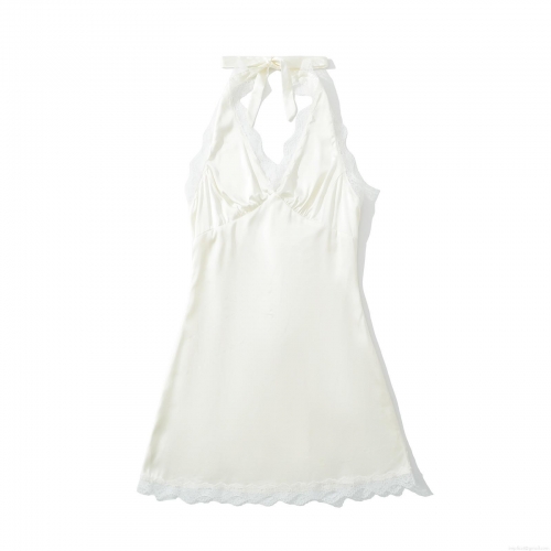 Women's Sexy White Satin Lace Halter Mini Dress Backless Tie-up Neck Sleeveless A-line Nightwear Clubwear Summer Dress