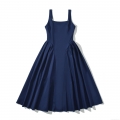 Women's European Style Navy Blue Square Neck Sleeveless Midi Dress Cotton Blend High Waist A-Line Hepburn Style Camisole Dress For Summer Party Daily