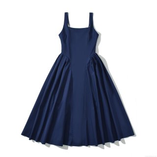 Women's European Style Navy Blue Square Neck Sleeveless Midi Dress Cotton Blend High Waist A-Line Hepburn Style Camisole Dress For Summer Party Daily