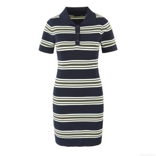 Women Striped Polo Collar Knit Dress Short Sleeve Color Block Button Sheath Mini Dress Streetwear Slim Fit Summer Fashion Clothing