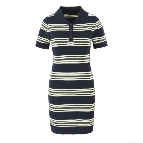 Women Striped Polo Collar Knit Dress Short Sleeve Color Block Button Sheath Mini Dress Streetwear Slim Fit Summer Fashion Clothing