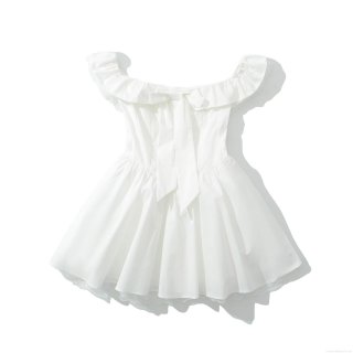 Women Off Shoulder Mini Dress Cotton Ruffle Bow Knot Backless Lace Hem Summer Street Style A-Line Princess Dress For Party Date Casual Wear