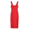Women's Sexy Solid Red Sleeveless Square Neck Midi Dress Summer Slim Fit Back Slit Bodycon Camisole Dress Streetwear Party Clubwear Fashion Outfit
