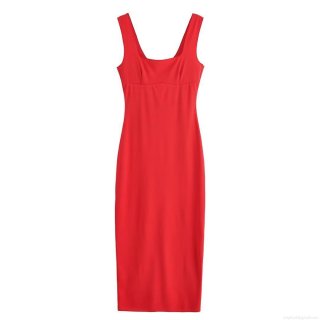 Women's Sexy Solid Red Sleeveless Square Neck Midi Dress Summer Slim Fit Back Slit Bodycon Camisole Dress Streetwear Party Clubwear Fashion Outfit