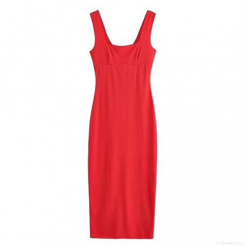 Women's Sexy Solid Red Sleeveless Square Neck Midi Dress Summer Slim Fit Back Slit Bodycon Camisole Dress Streetwear Party Clubwear Fashion Outfit