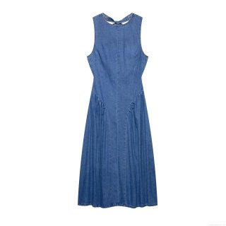 Women Summer Western Backless Halter Neck Denim Style Polyester Maxi Dress Sleeveless A-Line Blue Tie Back Long Dress For Vacation Party Clubwear