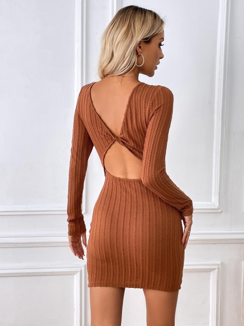 Women Sexy Backless Knit Dress Ribbed Texture Long Sleeve Bodycon Mini Dress Elegant Cutout Tie Back Party Club Slim Fit Solid Dress