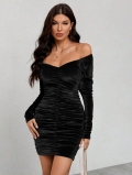 Sexy Black Velvet Off-Shoulder Mini Dress For Women Ruched Long Sleeve Bodycon Party Club Night Out Dress 95% Polyester 5% Elastane