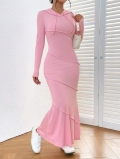 Women's Elegant Pink Hooded Long Sleeve Maxi Dress Slim Fit Fishtail Knit Bodycon Dress With Polyester Elastane Casual Streetwear Party Dress