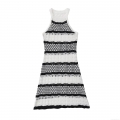Women Sexy Crochet Hollow Out Striped Mini Dress Sleeveless Round Neck Colorblock Knitted Tank Dress For Summer Beach Vacation Party Streetwear