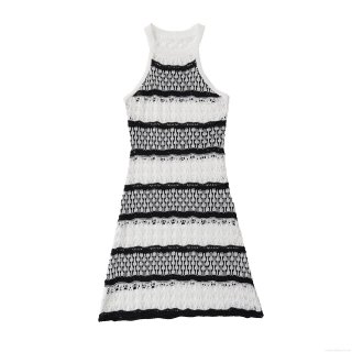 Women Sexy Crochet Hollow Out Striped Mini Dress Sleeveless Round Neck Colorblock Knitted Tank Dress For Summer Beach Vacation Party Streetwear
