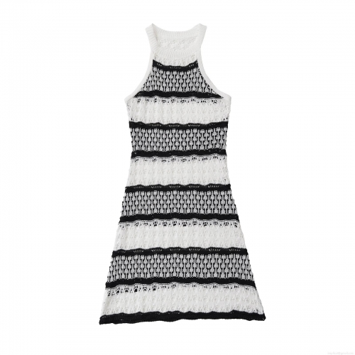 Women Sexy Crochet Hollow Out Striped Mini Dress Sleeveless Round Neck Colorblock Knitted Tank Dress For Summer Beach Vacation Party Streetwear