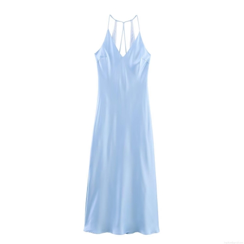 Women's Sexy Satin Texture Camisole Dress Backless V-Neck Criss-cross Mid-long Solid Light Blue Polyester Dress For Party Banquet